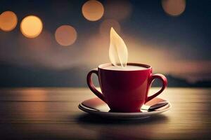 a cup of coffee with a flame on the saucer. AI-Generated photo