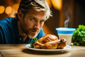 un hombre es mirando a un plato de pollo. generado por ai foto