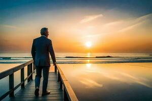 un hombre en un traje camina en un muelle a puesta de sol. generado por ai foto