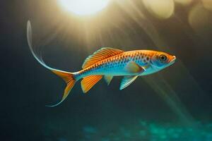 un pescado nadando en el oscuro con luz de sol brillante. generado por ai foto