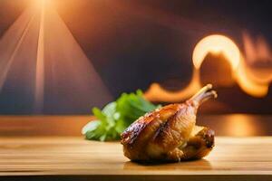 a chicken leg on a wooden cutting board. AI-Generated photo