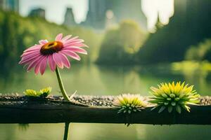 rosado flor en un rama en frente de un río. generado por ai foto