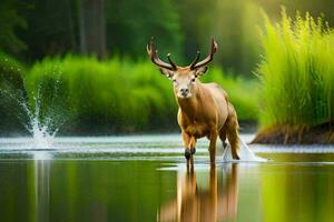 un ciervo es caminando mediante un río. generado por ai foto