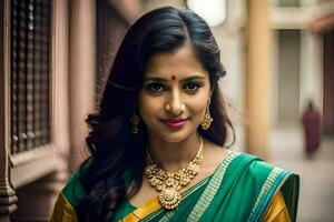 a beautiful indian woman in a green sari. AI-Generated photo