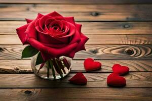 red roses in a vase on a wooden table. AI-Generated photo