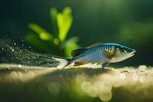 un pescado es caminando en el arena. generado por ai foto