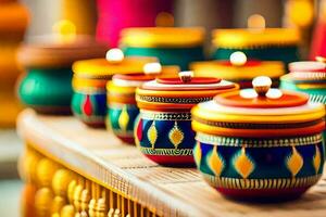 colorful pots with candles on a table. AI-Generated photo