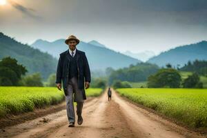 a man in a suit and hat walking down a dirt road. AI-Generated photo