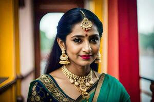 a beautiful indian woman wearing a green sari and gold jewelry. AI-Generated photo