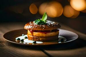 a hamburger with cheese and sauce on a plate. AI-Generated photo