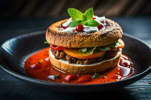 a hamburger with tomato sauce and cheese on a plate. AI-Generated photo