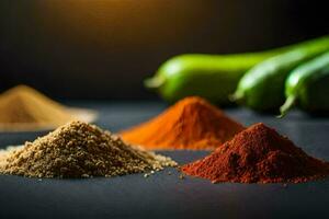 different types of spices and spices on a black background. AI-Generated photo