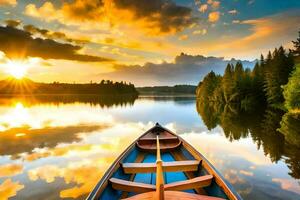 un canoa es flotante en el calma agua a puesta de sol. generado por ai foto