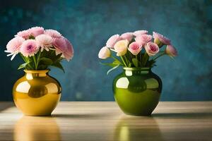 two vases with pink flowers on a wooden table. AI-Generated photo
