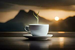 a cup of coffee on a table with mountains in the background. AI-Generated photo