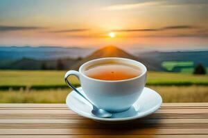 a cup of tea on a wooden table in front of a beautiful sunset. AI-Generated photo