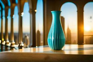 a blue vase sitting on a table in front of a cityscape. AI-Generated photo