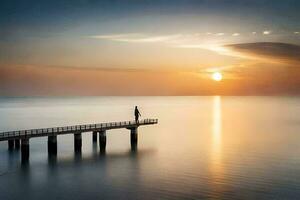 a man stands on a pier at sunset. AI-Generated photo