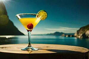 a cocktail on a table with a view of the ocean. AI-Generated photo
