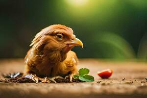 a chicken is sitting on the ground with a strawberry. AI-Generated photo