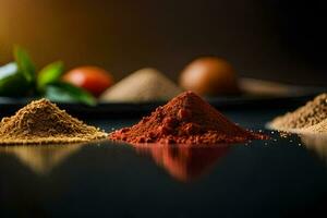 various spices and spices on a black surface. AI-Generated photo