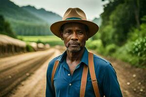 a man in a hat standing on a dirt road. AI-Generated photo