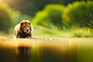 un león caminando mediante un campo con el Dom brillante. generado por ai foto