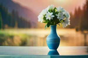 a vase with flowers on a table in front of a lake. AI-Generated photo