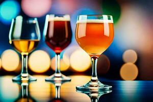 three glasses of beer on a table with a blurred background. AI-Generated photo