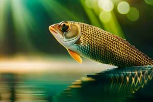 un pescado es flotante en el agua con un brillante ligero. generado por ai foto