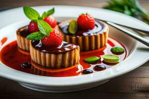 three desserts on a plate with strawberries and mint leaves. AI-Generated photo