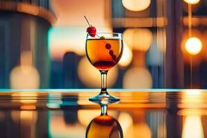 a glass of wine with a cherry on top. AI-Generated photo