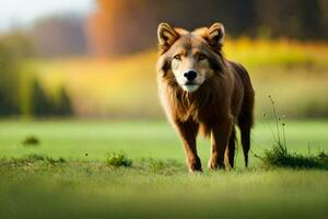 un marrón lobo es en pie en el césped. generado por ai foto