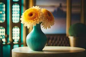 a vase with two yellow flowers sitting on a table. AI-Generated photo