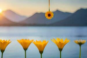 amarillo flores en el sol, lago, montañas, persona, persona, hd fondo de pantalla. generado por ai foto