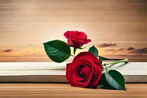 two red roses on a wooden table with sunset in the background. AI-Generated photo