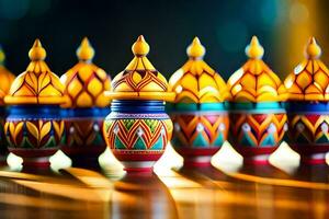 colorful wooden figurines are lined up in a row. AI-Generated photo