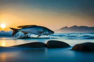 a fish jumping out of the water at sunset. AI-Generated photo