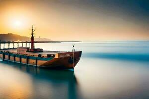 un barco en el Oceano a puesta de sol. generado por ai foto