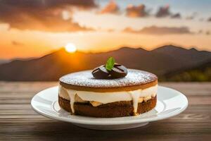 a dessert on a plate with a sunset in the background. AI-Generated photo