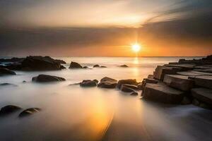 the sun rises over the rocks at giants causeway. AI-Generated photo