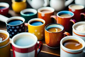 muchos diferente de colores café tazas son arreglado en un mesa. generado por ai foto