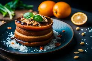 a stack of pancakes with nuts and oranges on top. AI-Generated photo