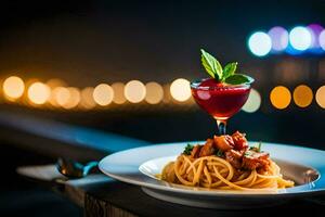 a plate of spaghetti with meat and a drink on a table. AI-Generated photo