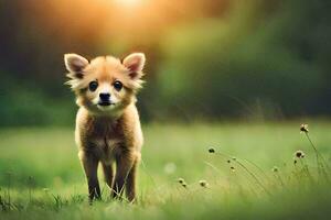 a small dog is standing in the grass. AI-Generated photo