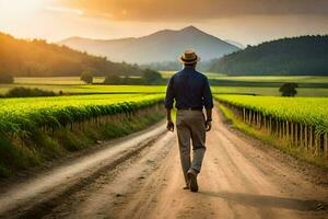 a man walking down a dirt road in front of a vineyard. AI-Generated photo