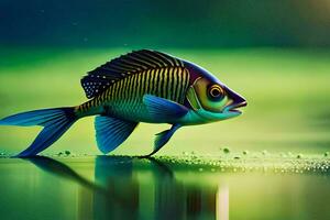 a fish is standing on the water with a green background. AI-Generated photo
