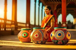 a woman in an indian sari sits next to colorful pots. AI-Generated photo