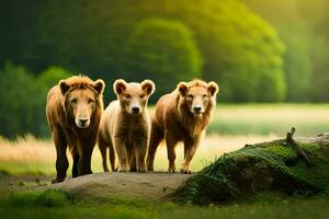 Tres leones en pie en un rock en el medio de un campo. generado por ai foto