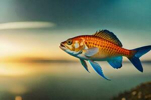 un pescado es nadando en el agua a puesta de sol. generado por ai foto